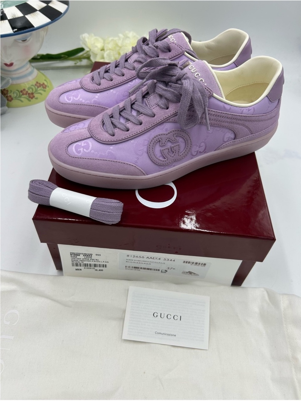 Women’s Gucci G 75 lilac suede sneakers interlocking G size 37.5 made in Italy - Picture 5 of 12